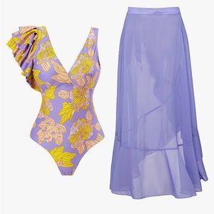 One Piece one shoulder floral Swimsuit w matching Beach Cover up Wrap Sarong